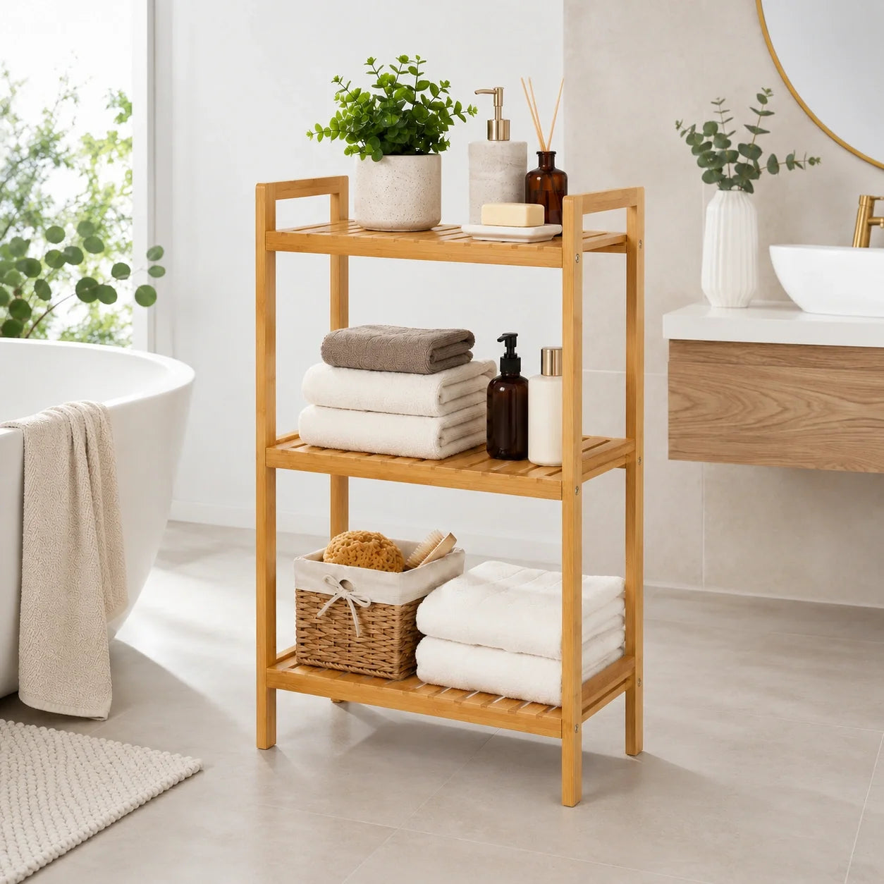 3-Tier Bamboo Bathroom Storage Shelf, Natural Brown, 40 x 28 x 72 cm