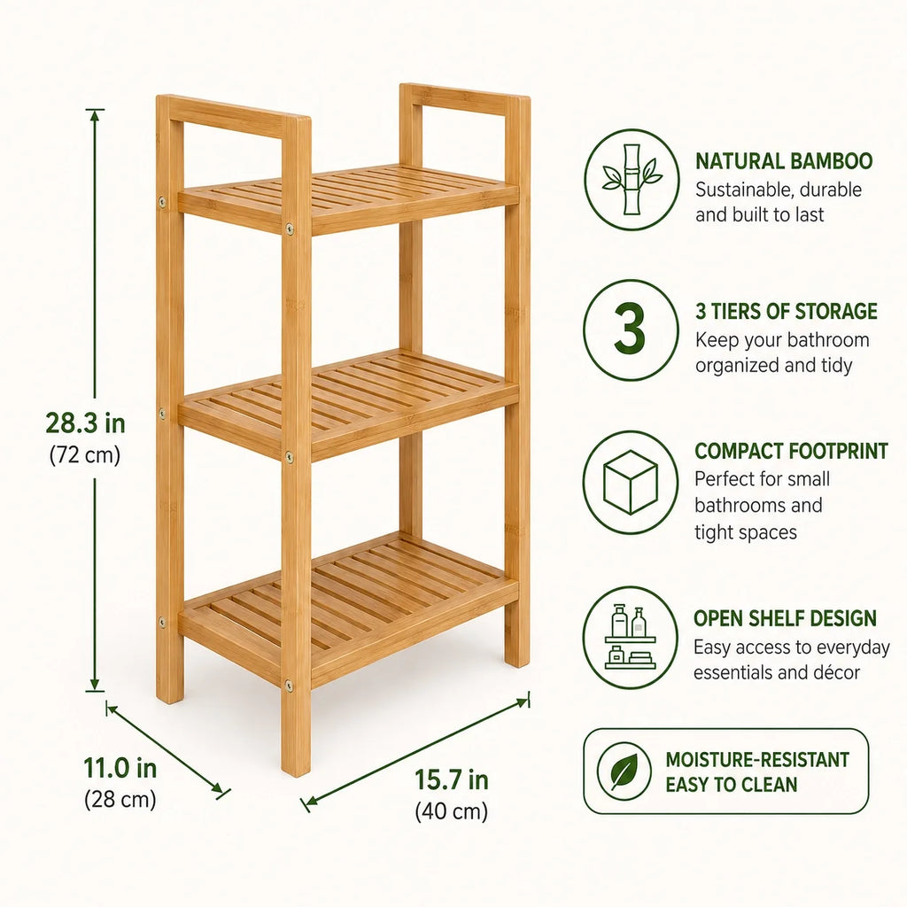 3-Tier Bamboo Bathroom Storage Shelf, Natural Brown, 40 x 28 x 72 cm