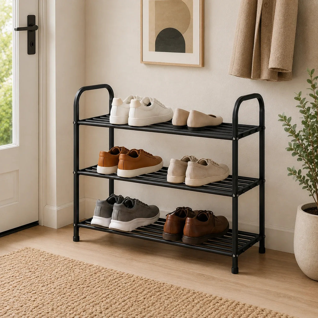 3-Tier Freestanding Metal Shoe Rack, Black, 65 x 28 x 50 cm