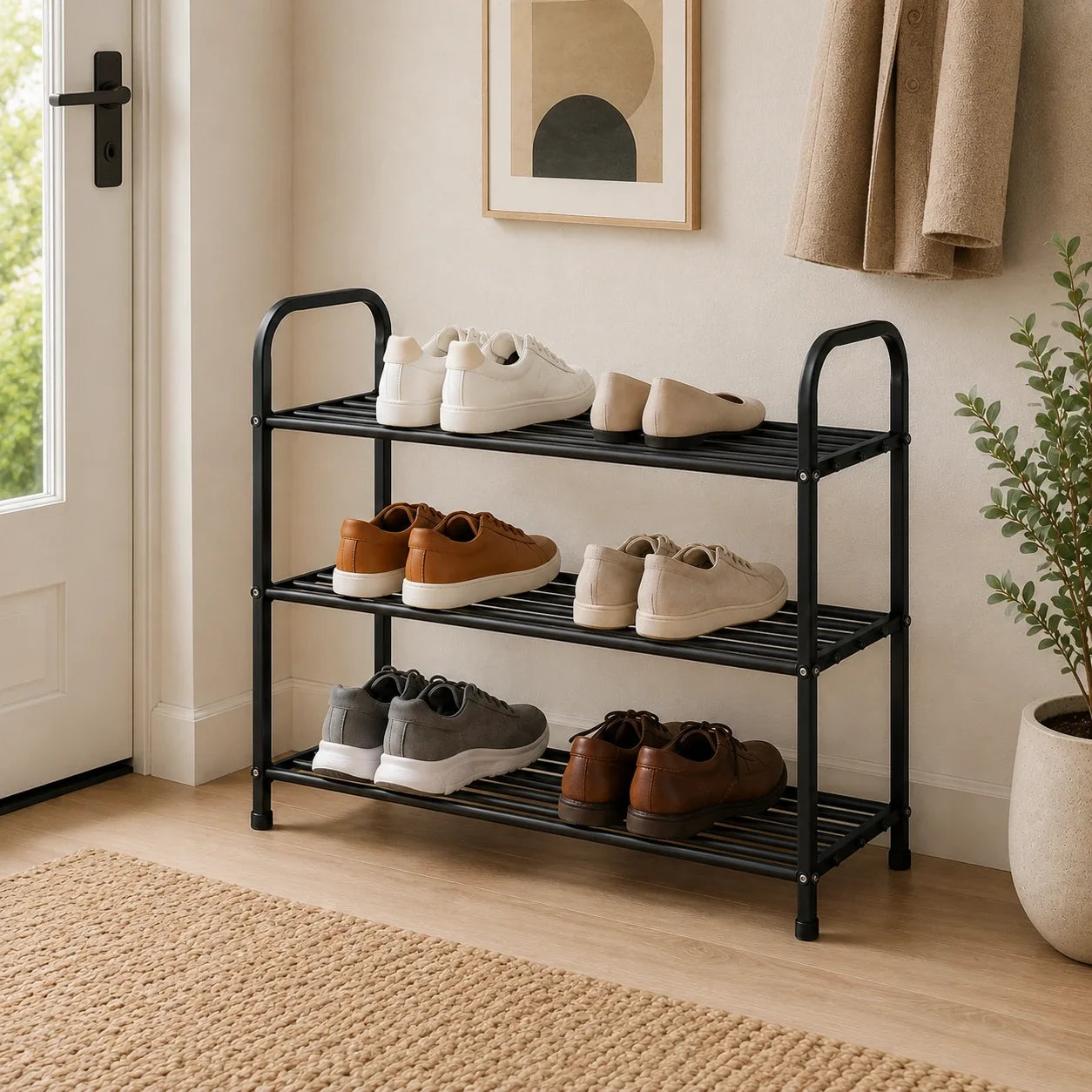 3-Tier Freestanding Metal Shoe Rack, Black, 65 x 28 x 50 cm
