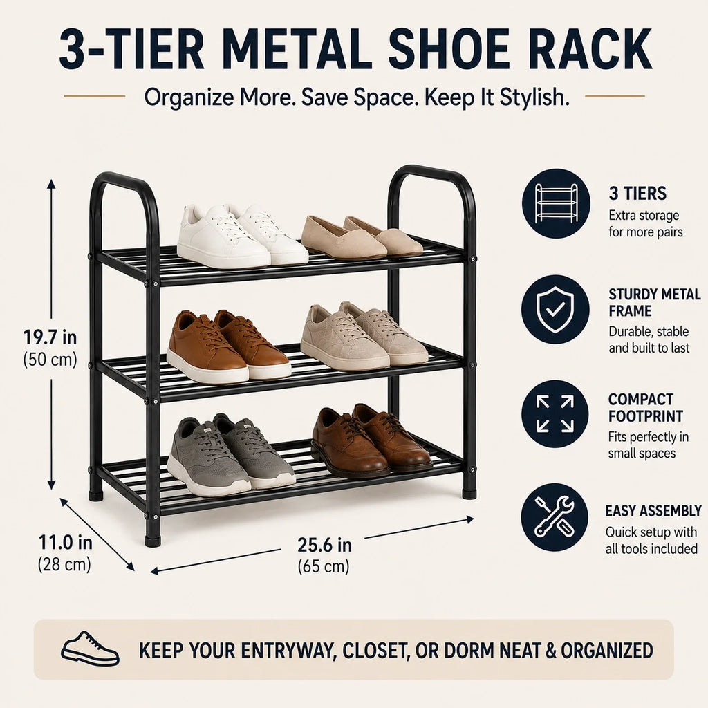 3-Tier Freestanding Metal Shoe Rack, Black, 65 x 28 x 50 cm