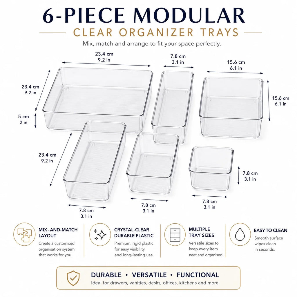 6-Piece Clear Plastic Drawer Organiser Tray Set, Assorted Sizes
