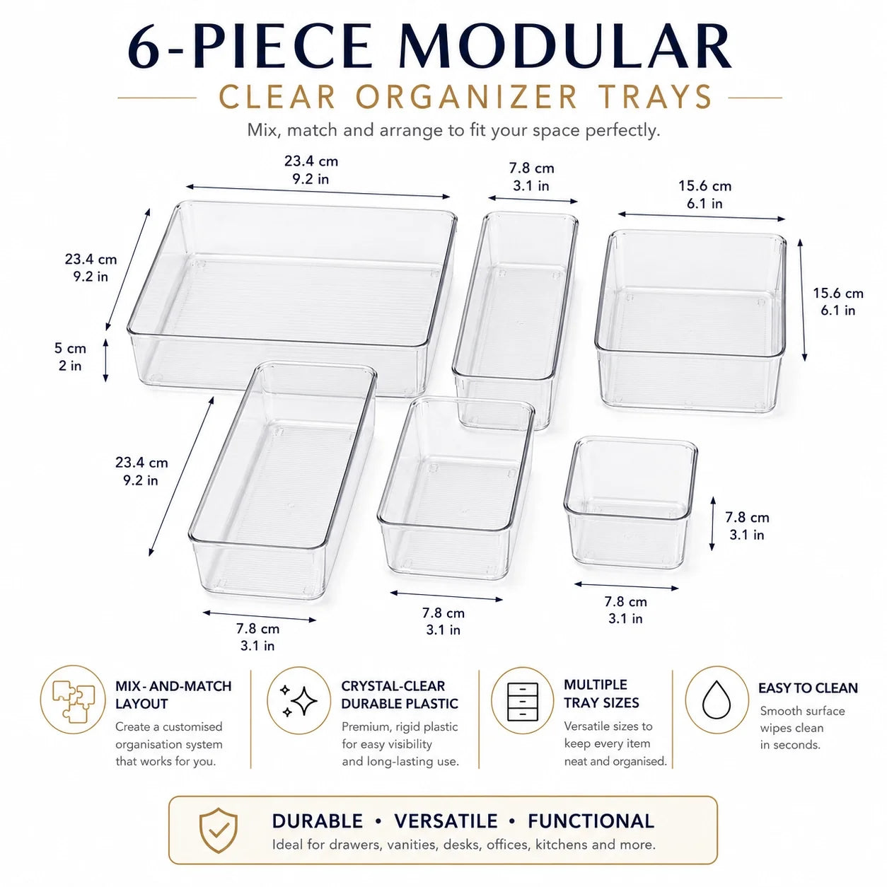 6-Piece Clear Plastic Drawer Organiser Tray Set, Assorted Sizes