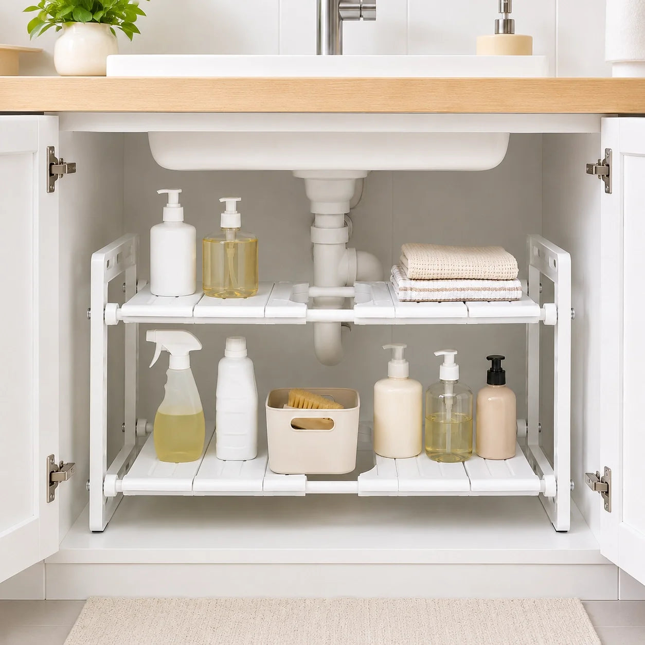 Adjustable 2-Tier Under-Sink Organiser Rack, White, 51-80 x 26 x 38 cm