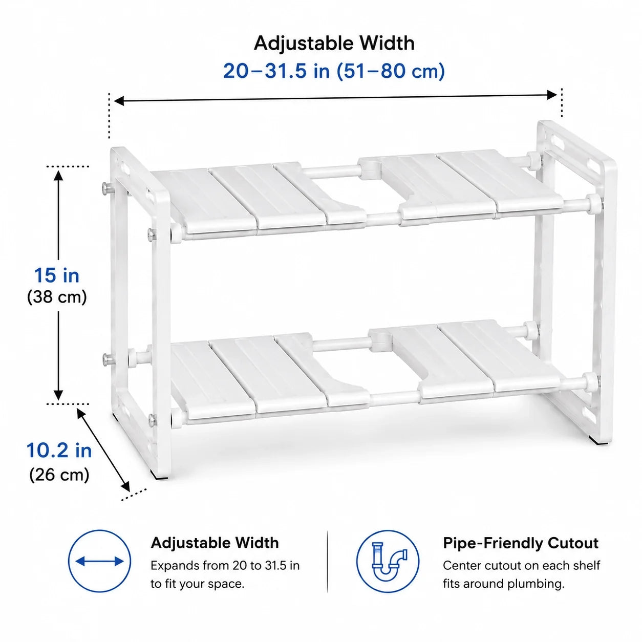 Adjustable 2-Tier Under-Sink Organiser Rack, White, 51-80 x 26 x 38 cm