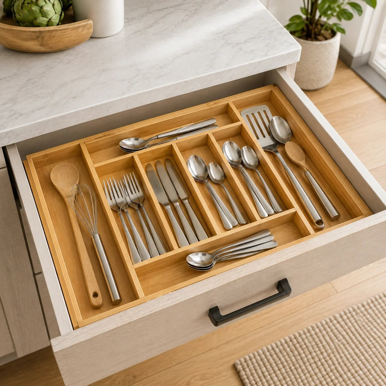 Expandable Bamboo Cutlery Drawer Organiser, Natural, 13.8-22 x 17.3 x 2 in