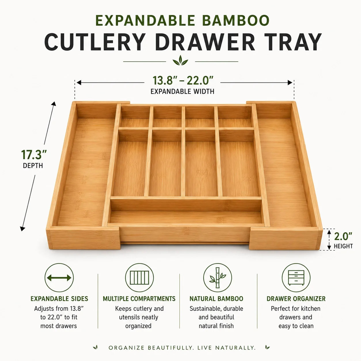 Expandable Bamboo Cutlery Drawer Organiser, Natural, 13.8-22 x 17.3 x 2 in