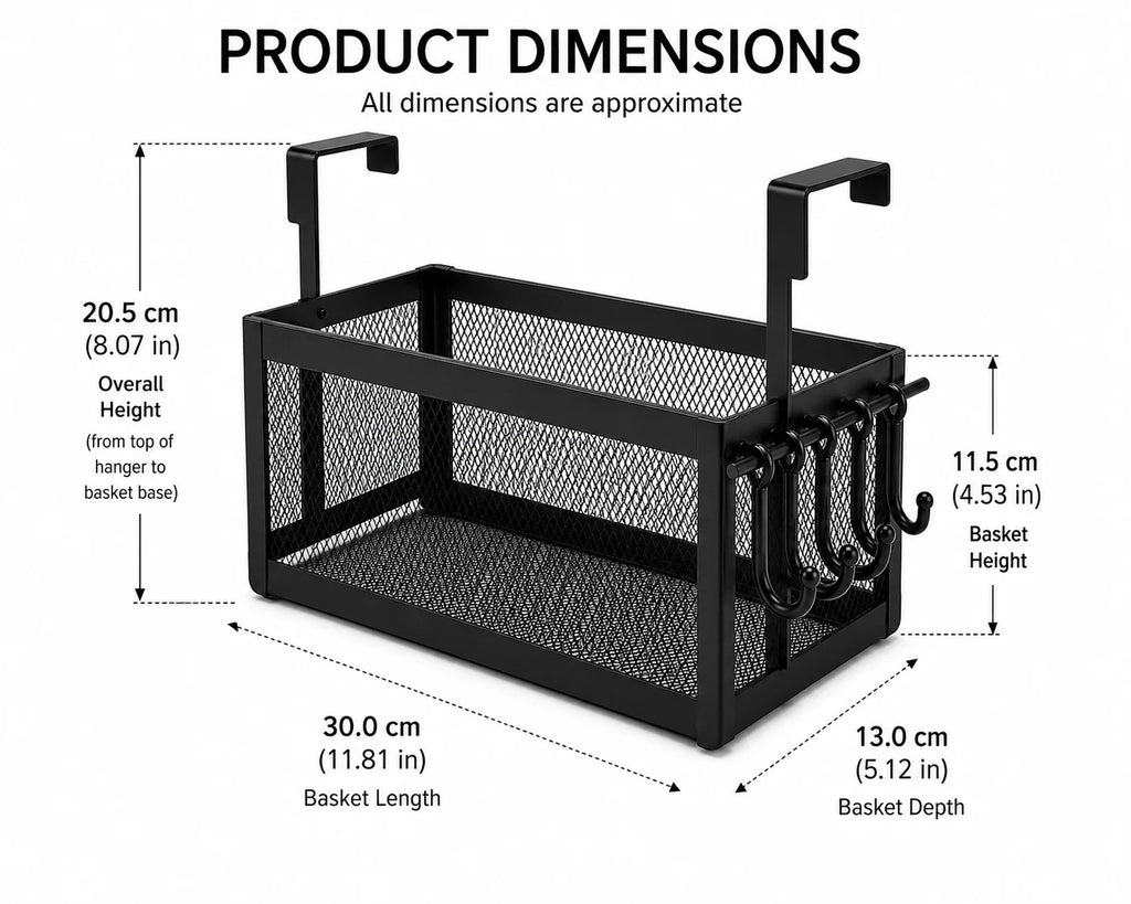 Over-Cabinet Hanging Metal Mesh Basket with 4 Hooks, Black, 11.81 x 5.12 x 8.07 in