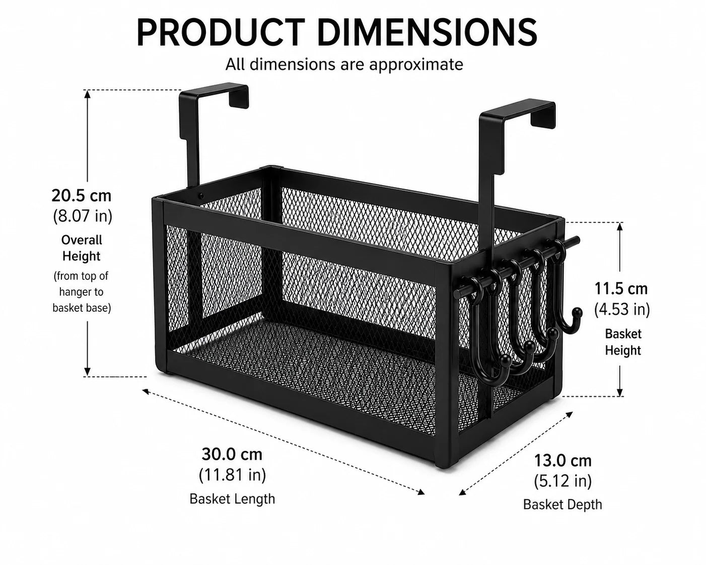 Over-Cabinet Hanging Metal Mesh Basket with 4 Hooks, Black, 11.81 x 5.12 x 8.07 in