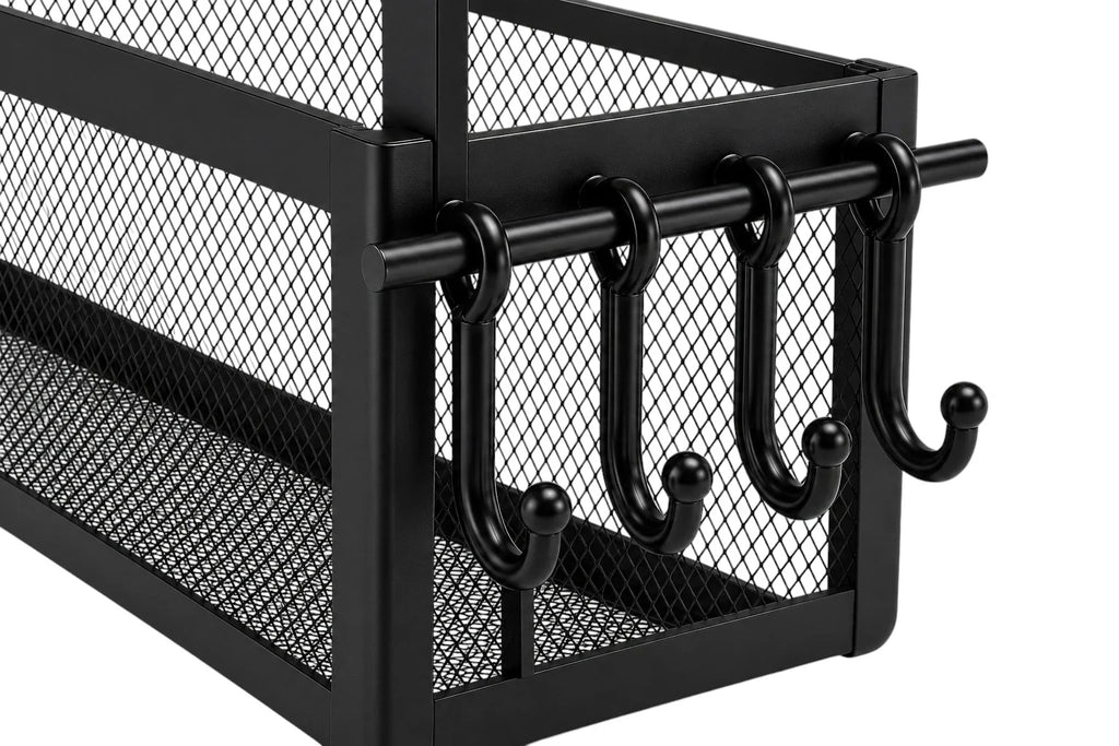 Over-Cabinet Hanging Metal Mesh Basket with 4 Hooks, Black, 11.81 x 5.12 x 8.07 in