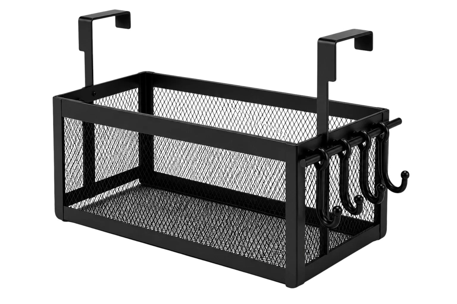 Over-Cabinet Hanging Metal Mesh Basket with 4 Hooks, Black, 11.81 x 5.12 x 8.07 in