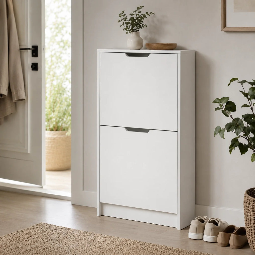 Slim 2-Door Tilt-Out Shoe Cabinet, Matte White, 23.6 x 7.1 x 39.4 in