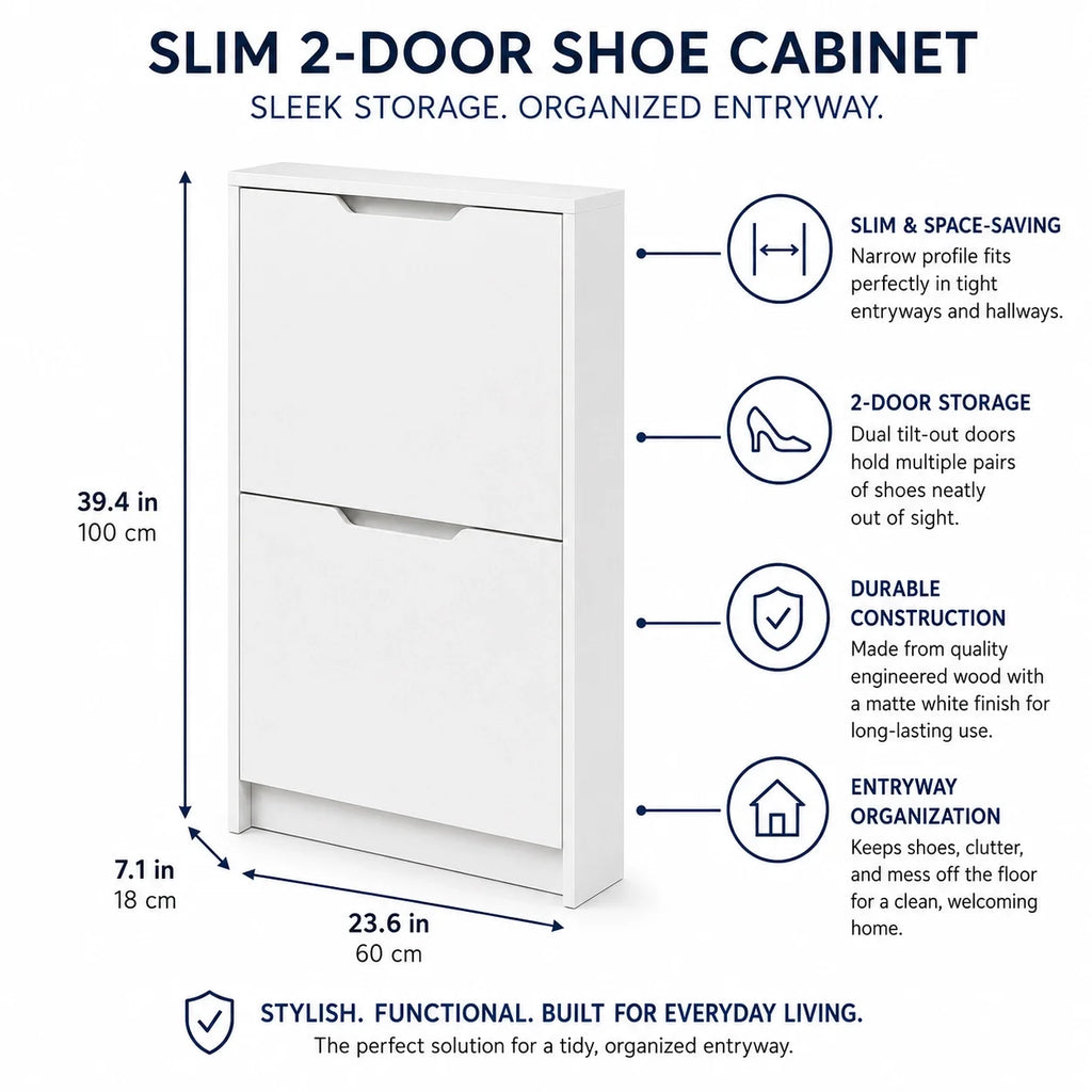 Slim 2-Door Tilt-Out Shoe Cabinet, Matte White, 23.6 x 7.1 x 39.4 in