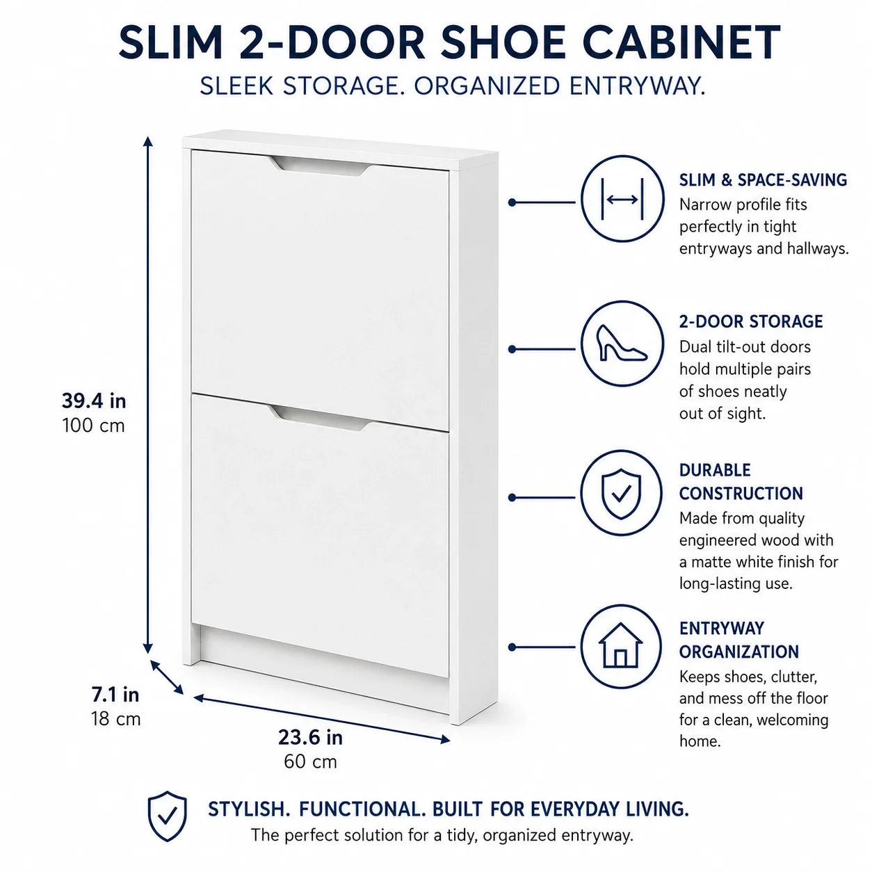 Slim 2-Door Tilt-Out Shoe Cabinet, Matte White, 23.6 x 7.1 x 39.4 in